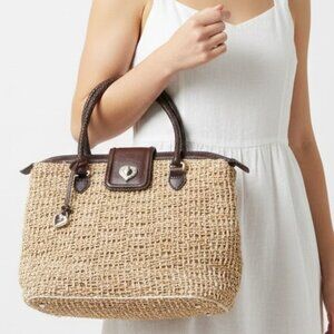 Brighton Straw Handbag Shoulder Bag Brown Leather Silvertone